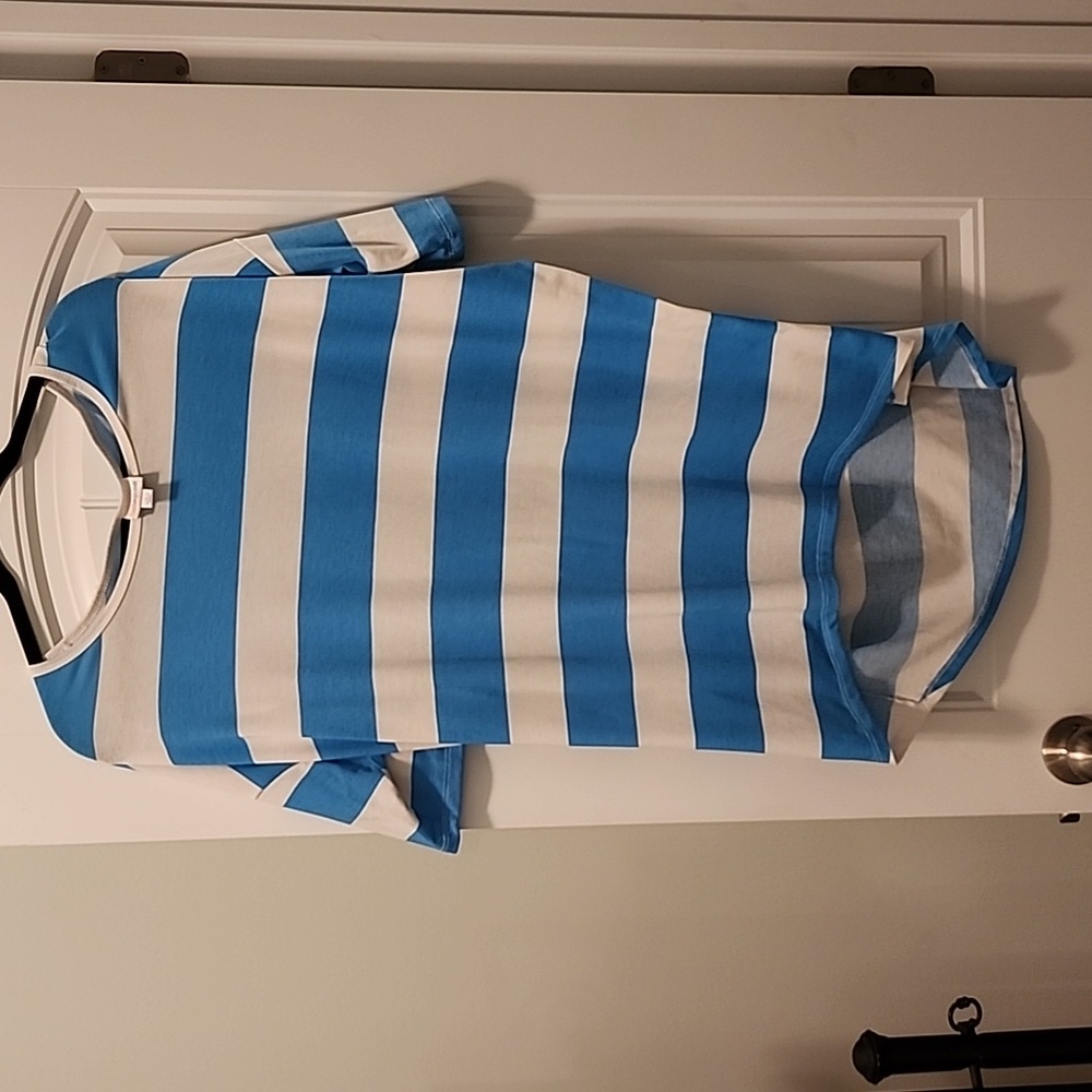 LulaRoe L Blue and White Tunic Tee